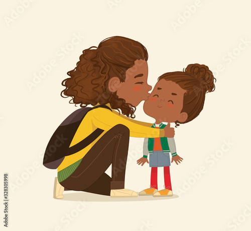 Illustration of a Mother Gives a Goodbye Kiss to her daughter. African American Mum Gives Kiss to the child at the school door. Preschool girl say hello to mom at Montessori school. Vector. Isolated.
