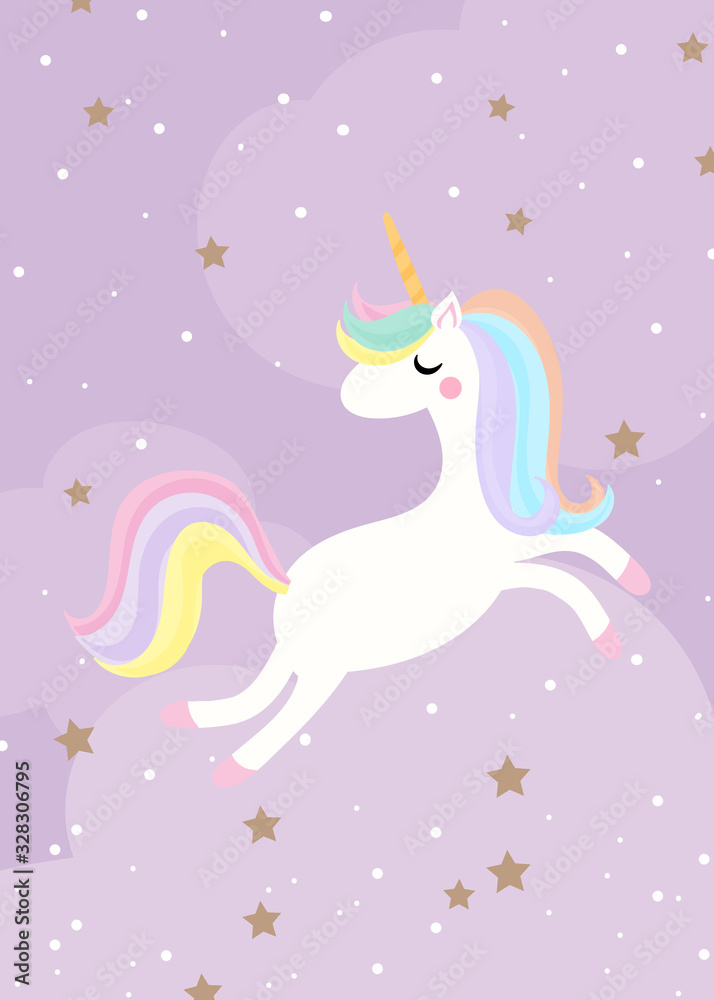 Cute unicorn magic flying in the sky with stars on purple background. for kids stuff, birthday card, posters, greeting card. vector Cute unicorn magic flying in the sky with stars on purple background. for kids stuff, birthday card, posters, greeting card. vector