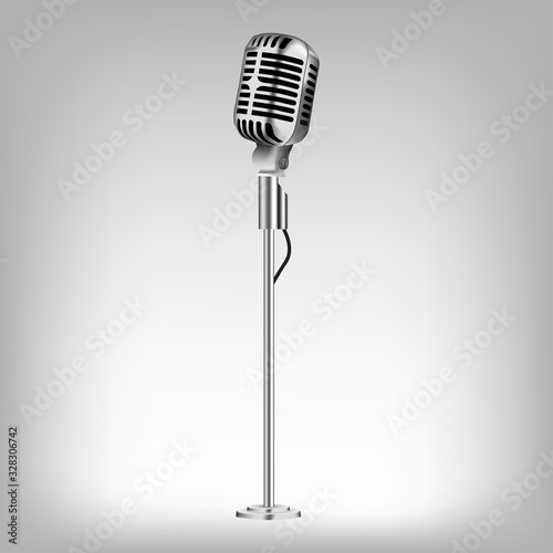 Vintage metal studio microphone isolated on red background vector illustration