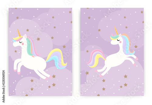 Set of cute unicorn magic flying in the sky with stars on purple background. for kids stuff, birthday card, posters, greeting card. vector © VectorBoyZ