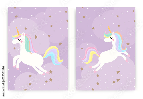 Set of cute unicorn magic flying in the sky with stars on purple background. for kids stuff, birthday card, posters, greeting card. vector