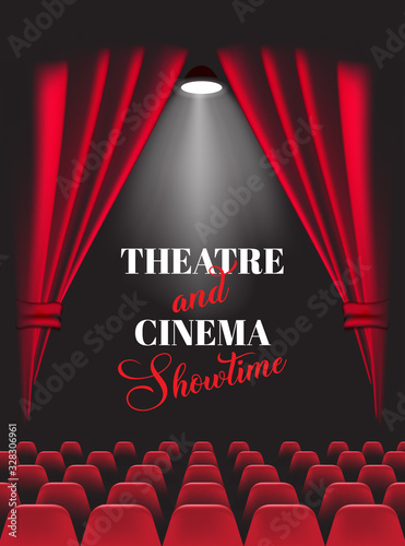 Background with red theatre curtain. Vector illustration