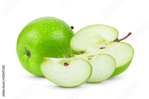  Fresh Green Apple Isolated on White Background with water drop