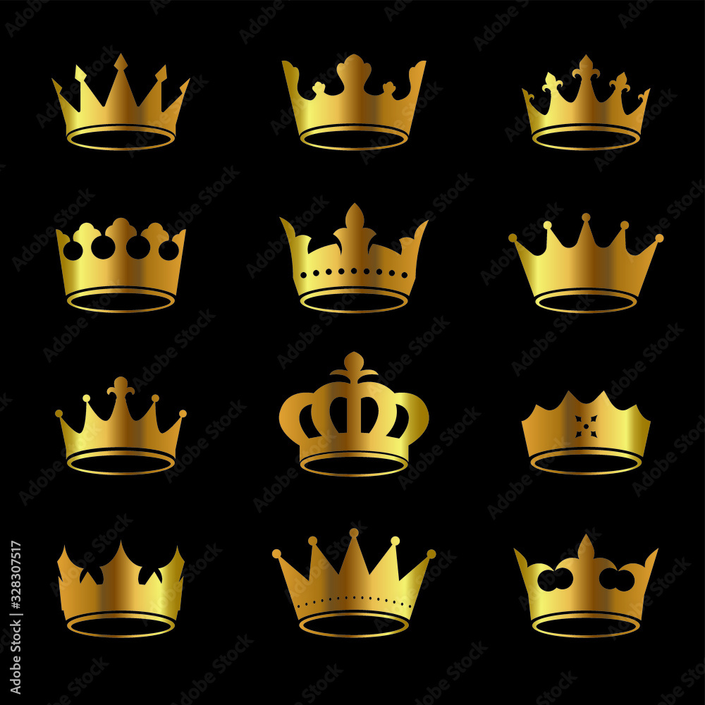 Set of golden vector king crowns and icon on black background. Vector Illustration. Emblem and royal symbols.