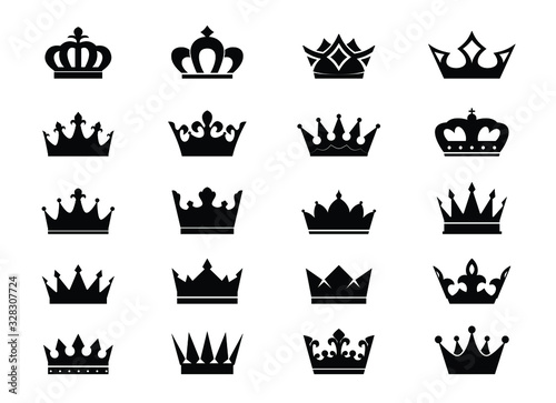 Set black vector king crowns and icon on white background. Vector Illustration. Emblem and royal symbols.