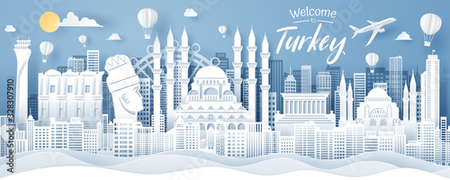 Paper cut of Turkey landmark, travel and tourism concept.
