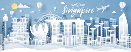 Paper cut of Singapore landmark, travel and tourism concept.