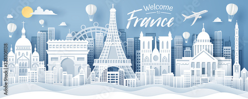 Paper cut of France landmark, travel and tourism concept.