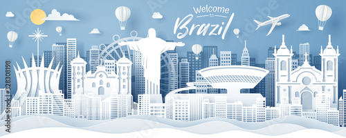 Fototapeta Naklejka Na Ścianę i Meble -  Paper cut of Brazil landmark, travel and tourism concept.