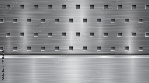 Background in silver and gray colors, consisting of a perforated metallic surface with holes and one horizontal polished plate located below, with a metal texture, glares and shiny edges