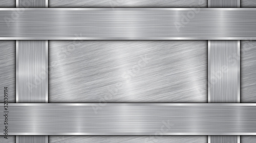 Background in silver and gray colors, consisting of a shiny metallic surface and vertical and horizontal polished plates located on four sides, with a metal texture, glares and burnished edges