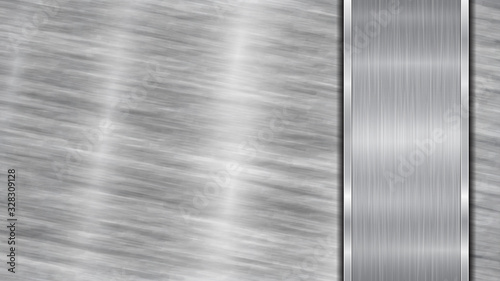 Background in silver and gray colors, consisting of a shiny metallic surface and one vertical polished plate located on right side, with a metal texture, glares and burnished edges