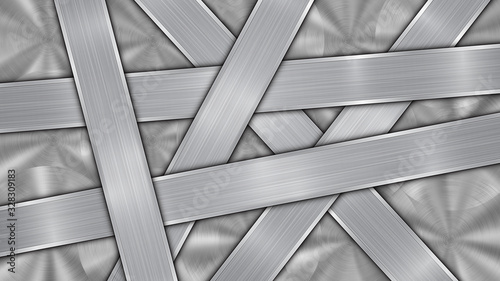 Background in silver and gray colors, consisting of a shiny metallic surface and several randomly arranged intersecting polished plates with a metal texture, glares and burnished edges