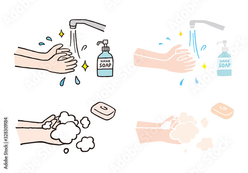 手洗いと石けんの手描きイラスト（カラー）