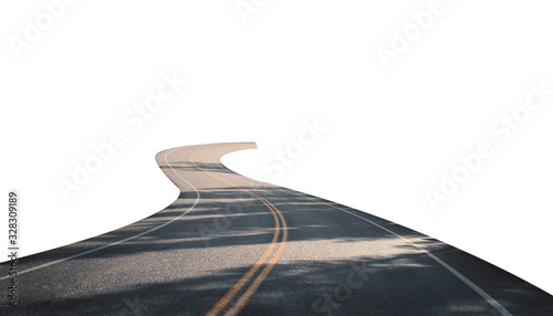 Fényképezés Winding asphalt road with yellow symbol and sunlight