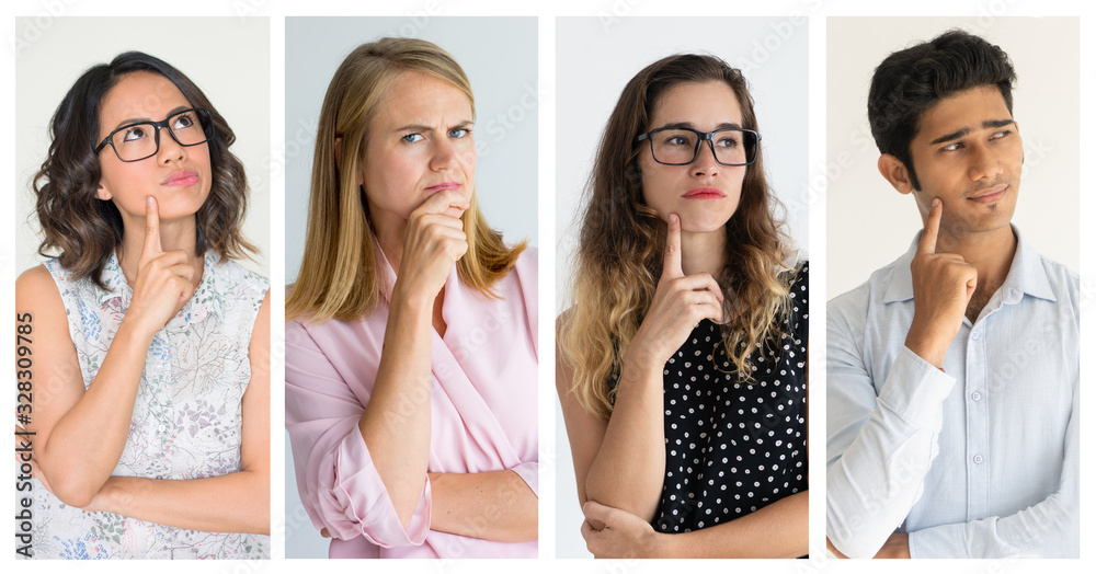 Pensive Caucasian women and Asian man. Collage of pensive multiethnic people standing with hands on face isolated on white background. Thinking concept Pensive Caucasian women and Asian man. Collage of pensive multiethnic people standing with hands on face isolated on white background. Thinking concept