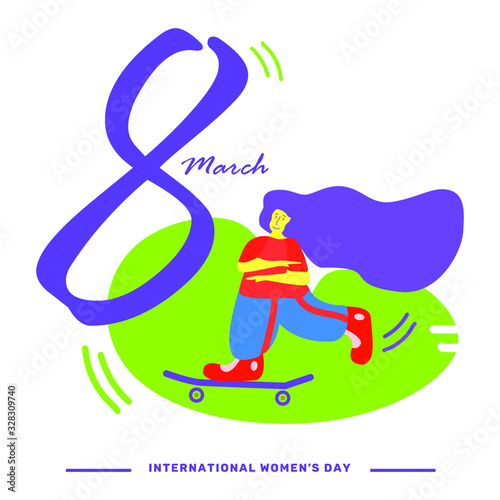 International Women's Day vector concept with a female teenager character skating and smiling