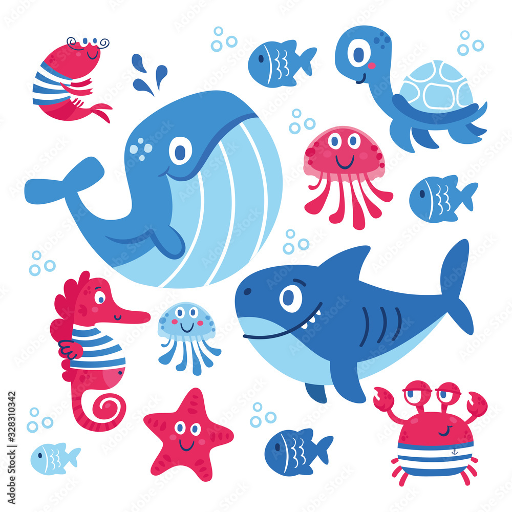 Set of sea animals fish shark whale jellyfish star seahorse crab turtle. Illustration for clothes anniversary birthday party invitations scrapbooking cards and sticker Set of sea animals fish shark whale jellyfish star seahorse crab turtle. Illustration for clothes anniversary birthday party invitations scrapbooking cards and sticker