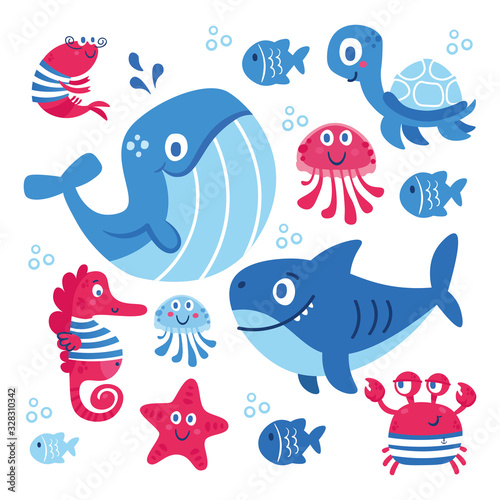 Set of sea animals fish shark whale jellyfish star seahorse crab turtle. Illustration for clothes anniversary birthday party invitations scrapbooking cards and sticker