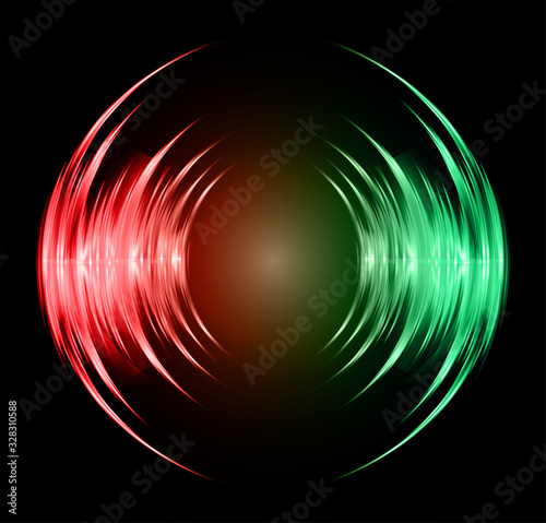 Sound waves oscillating dark red green light