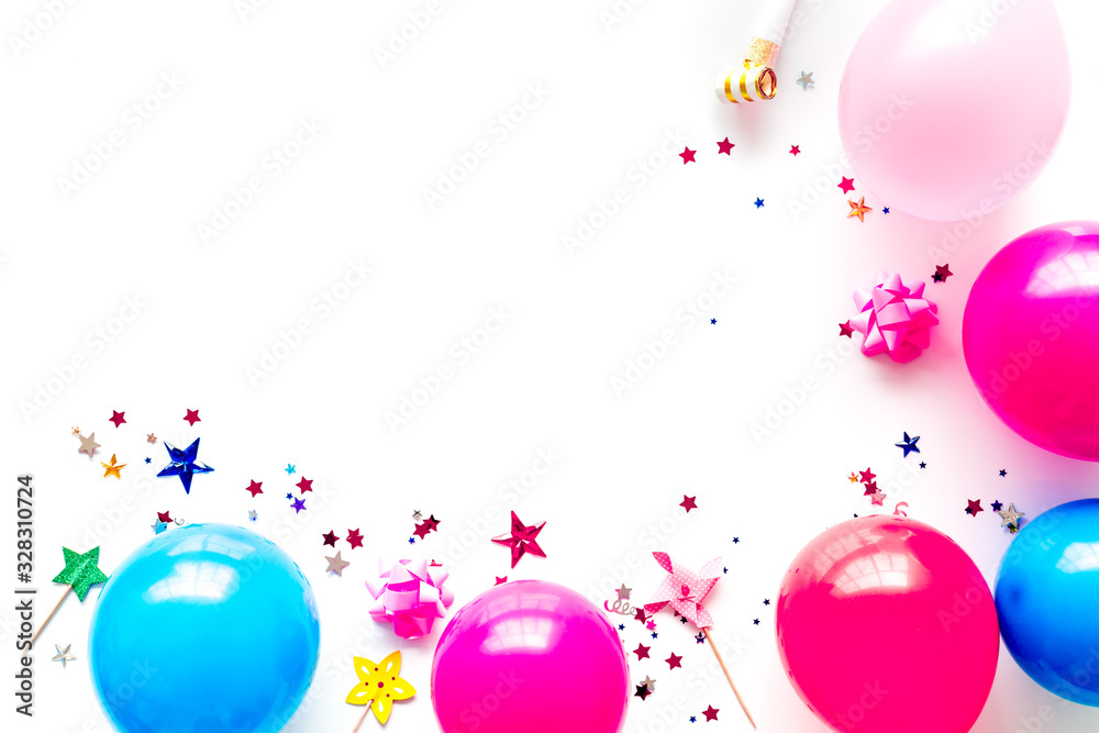 Decorative frame with colorful balloons on white background top-down frame copy space