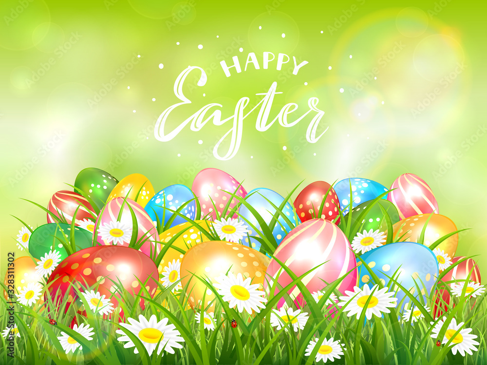 Green Nature Background with Colorful Easter Eggs