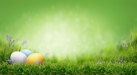 A fresh green spring Easter background with painted eggs on a green grass.
