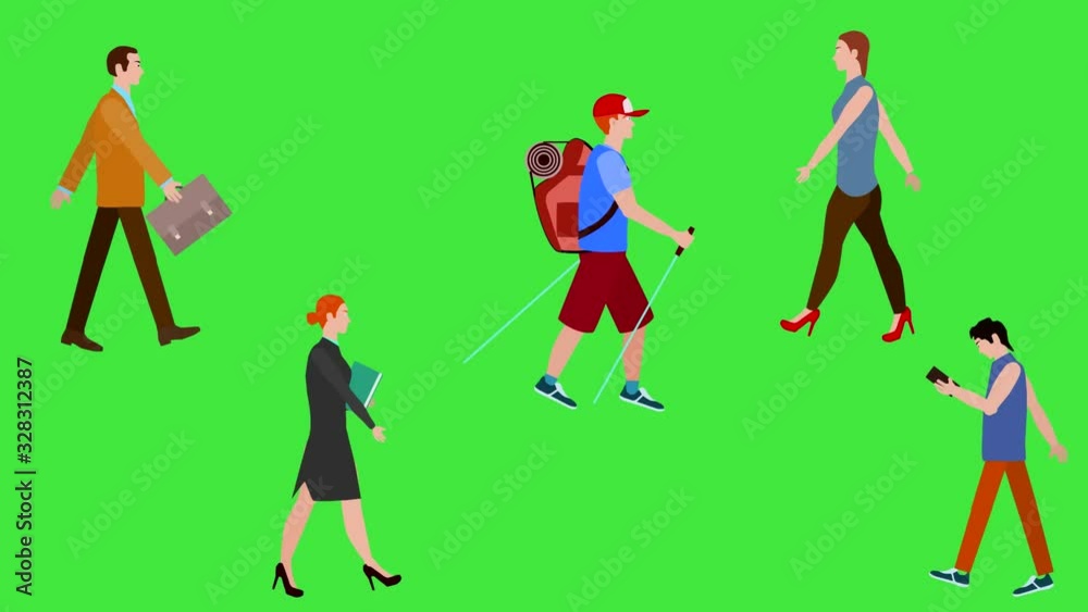 People walking, 2d animation, flat vector animation, green screeen People walking, 2d animation, flat vector animation, green screeen