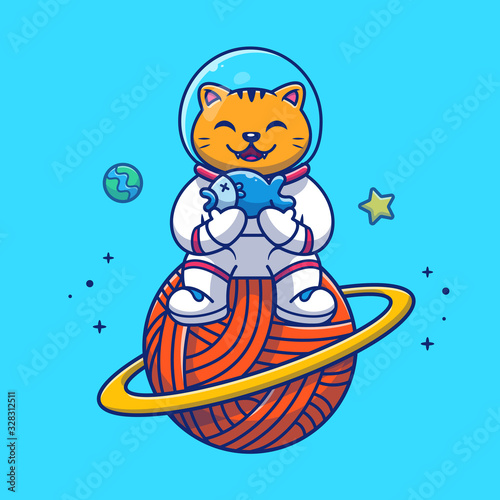 Astronaut Cat Holding Fish Vector Icon Illustration. Mascot Cartoon Character. Animal Icon Concept White Isolated. Flat Cartoon Style Suitable for Web Landing Page, Banner, Flyer, Sticker, Card © catalyststuff