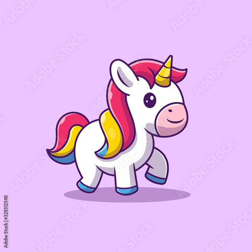 Cute Unicorn Logo Vector Icon Illustration. Unicorn Mascot Character. Animal Icon Concept White Isolated. Flat Cartoon Style Suitable for Web Landing Page, Banner, Sticker, Background © catalyststuff