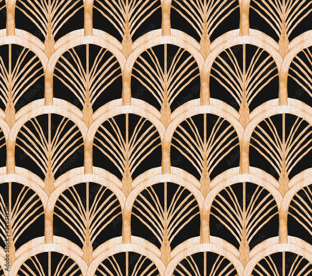 Hand drawn watercolor seamless pattern with gold imitation. Art deco style.