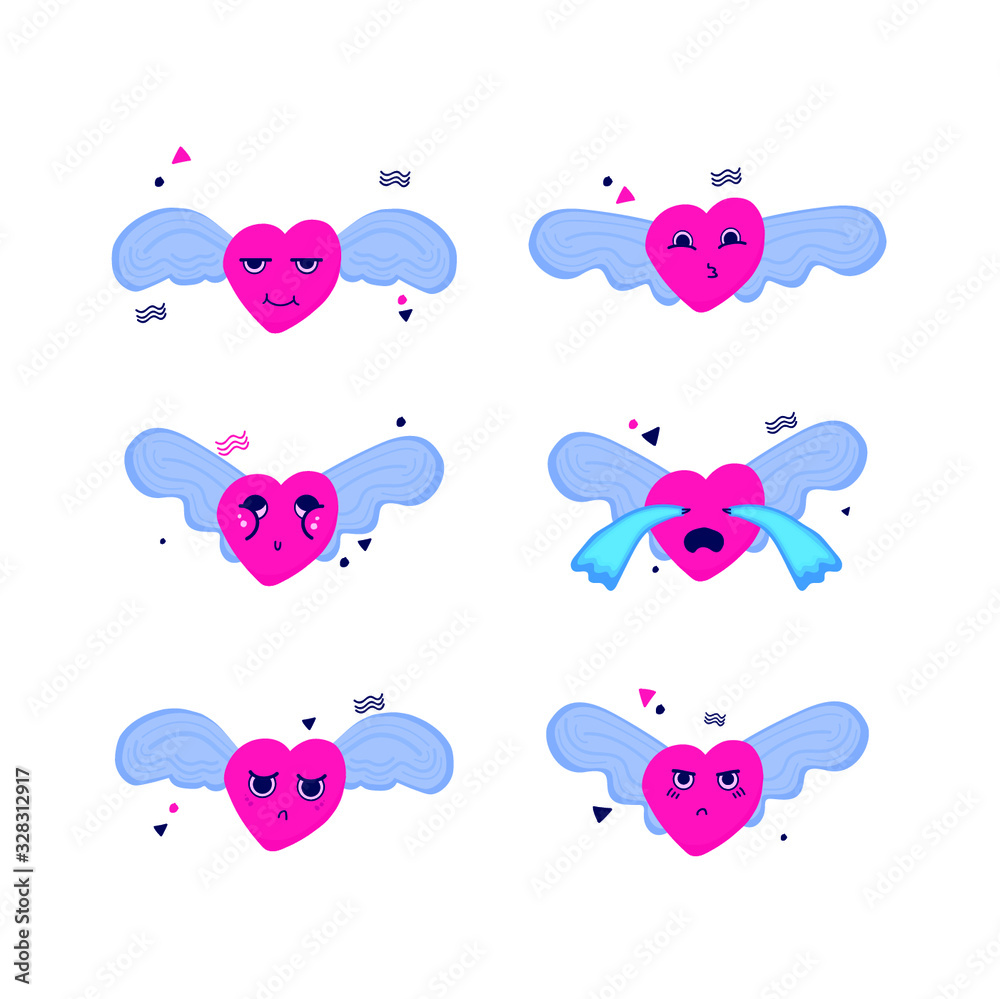 Heart emoticons with wings collection, isolated in white background Heart emoticons with wings collection, isolated in white background