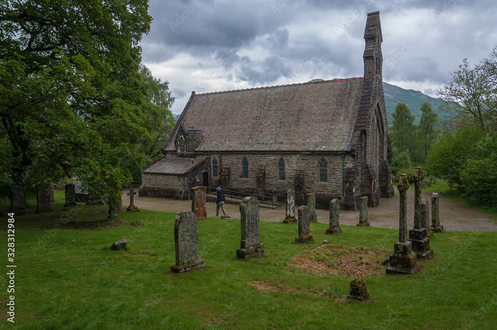 Cemetery of the Balquhidder Parish church, Lochearnehed, Scotland. Concept: religion and spirituality, mysterious and fantastic places in scotland Cemetery of the Balquhidder Parish church, Lochearnehed, Scotland. Concept: religion and spirituality, mysterious and fantastic places in scotland