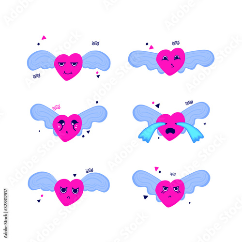 Heart emoticons with wings collection, isolated in white background