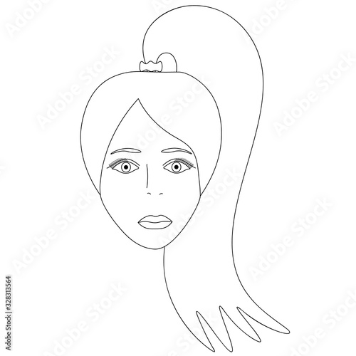 Vector illustration of a girl's face. Full face. Long hair gathered in a ponytail. A piercing look. Puffy lips. Face on an isolated background. Coloring book for children and adults. Idea for book, ma