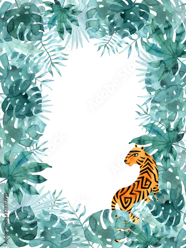 Vertical rectangular frame template with watercolor tropical leaves and a tiger. Exotic hand painted illustration isolated on white.