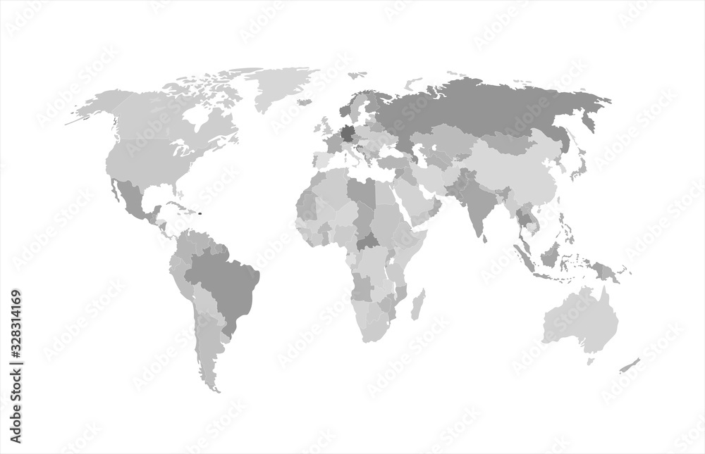 Vector monochrome world map, atlas background isolated o white, gray map template with geographic borders. Vector monochrome world map, atlas background isolated o white, gray map template with geographic borders.
