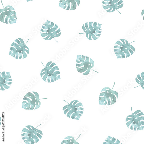 Seamless pattern with watercolor monstera leaves. Beautiful light tropical background. Perfect for fabric, wallpaper, backdrop design.