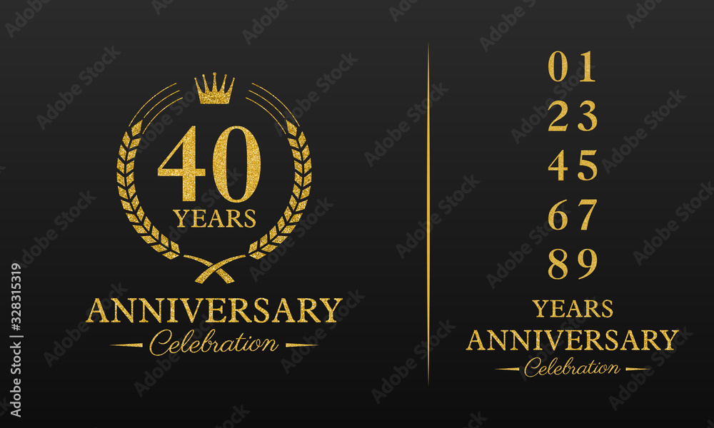 Fototapeta premium 40 years golden glitter anniversary celebration badge, additional elements added for compilation any dates or years. Vector illustration.