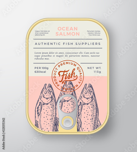 Canned Ocean Fish Abstract Vector Aluminium Container Packaging Design or Label. Modern Typography Banner, Hand Drawn Salmon Silhouette with Lettering Logo. Color Paper Background Layout.