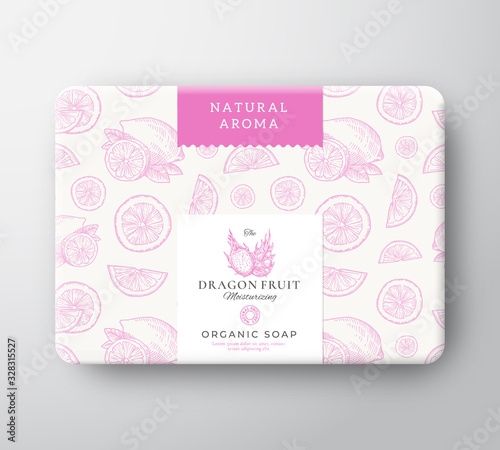 Dragon Fruit Bath Soap Cardboard Box. Abstract Vector Wrapped Paper Container with Label Cover. Packaging Design. Modern Typography and Hand Drawn Citrus Background Pattern Layout.
