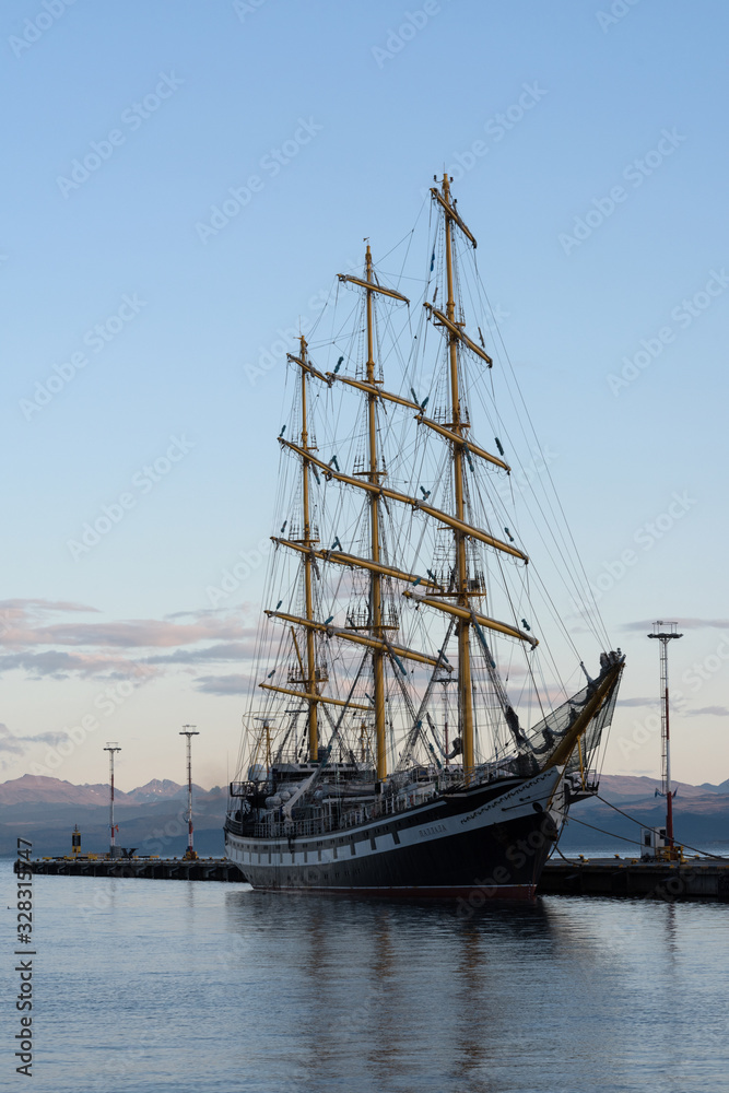 Russian tall ship Pallada in the port of Ushuaia, Argentina