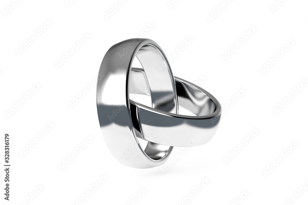3D Rendering Two Realistic Couple Silver or White Gold Wedding Ring
