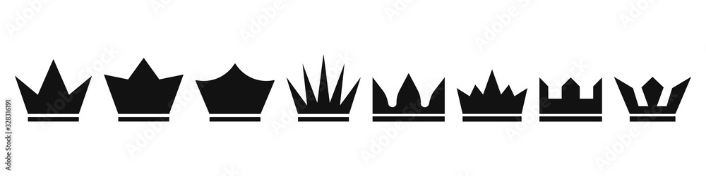 Set of crown icons. Royal, luxury symbol. King, queen abstract geometric logo.