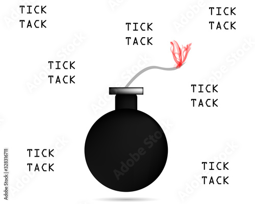 Tickende Bombe auf weißem Hintergrund mit Tick Tack beschrieben