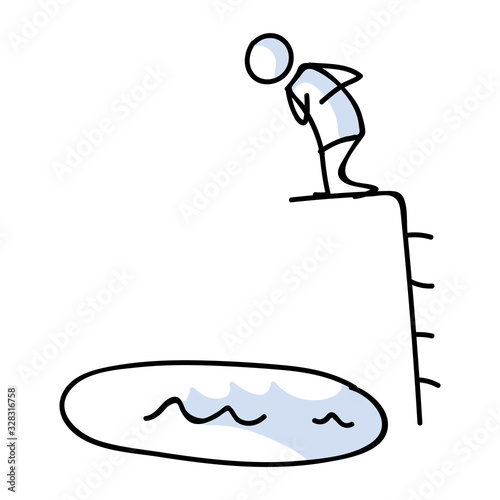Cute stick figure standing on diving board vector clipart.Courageous athlete dive board. Hand drawn pictogram of leisure holiday illustration. EPS 10. 