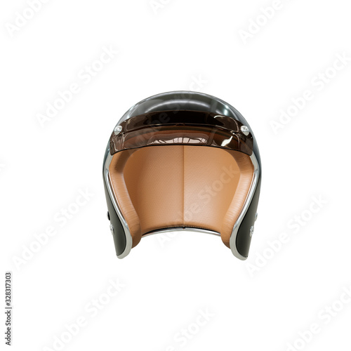 Helmet for a motorcycle, life safety accessory, black with a plastic visor and leather inside. Isolate on a white background, view from the front. Photorealistic 3D render.