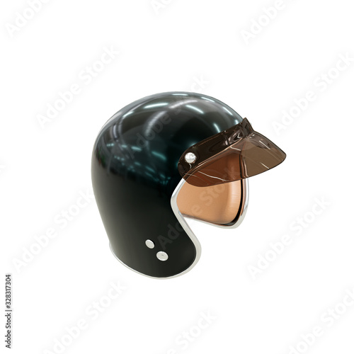 Helmet for a motorcycle, life safety accessory, black with a plastic visor and leather inside. Isolate on a white background, view from the top. Photorealistic 3D render.