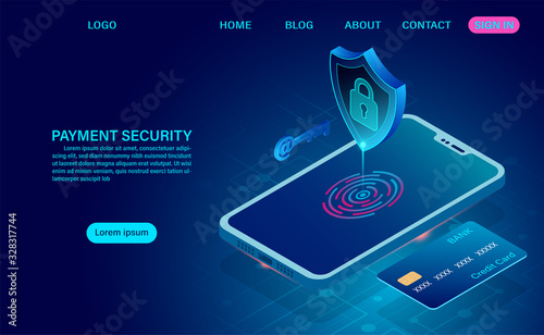 Payment security concept and data protection. Credit card security checks on mobile phone  before paying every time. 3d isometric flat design. Vector illustration