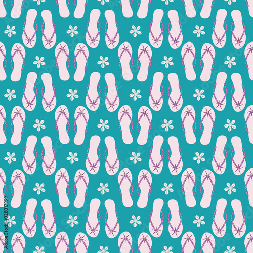 Flip flop shoe on seamless vector pattern background. Elegant sandals with marine decorations oceanside backdrop. Pastel pink and teal shades. Summer all over print for beach wedding resort concept